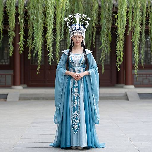 Photograph of an Asian woman in a blue, intricately embroidered traditional dress and white headdress with feathers, standing in front of a wooden building with
