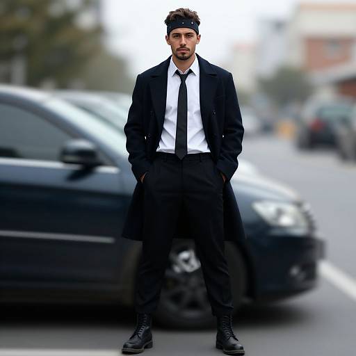 Photograph of a stylish man with dark hair, beard, black headband, white shirt, black tie, long black coat, black pants, and