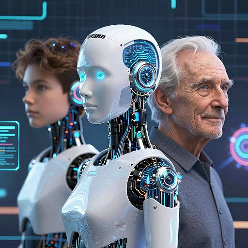 Photograph of an elderly man with white hair and gray mustache, standing beside two futuristic, glowing blue-eyed white female robots in a high-tech,