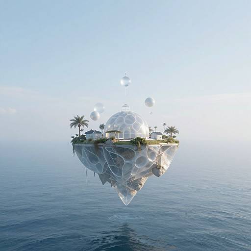 Floating futuristic island with glass dome, palm trees, and white geometric architecture, reflected in calm blue ocean under clear sky.