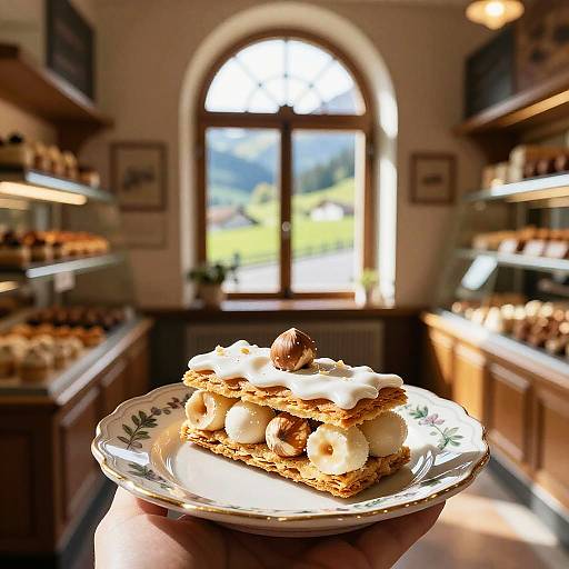 Hazelnut Praline Mille-Feuille in Sunlit Bakery