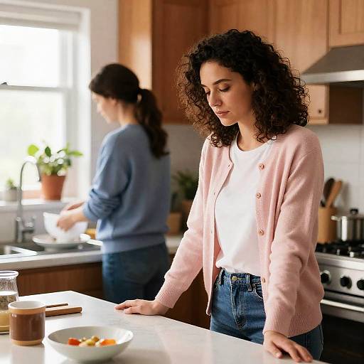Intimate Kitchen Scene with Two Women