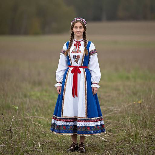 Photograph of a young girl with braided brown hair, wearing a blue and white traditional Eastern European dress with red ribbon, standing in a grassy