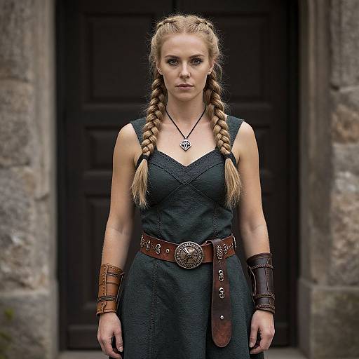 Photograph of a blonde woman with braided hair, wearing a black dress, brown leather bracers, and a belt, standing in front of a