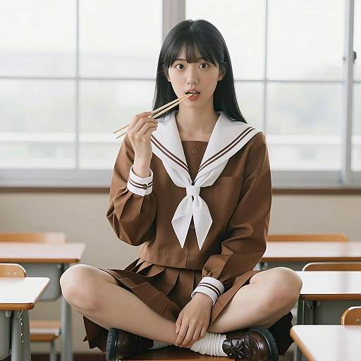 Asian Schoolgirl in Brown Sailor Uniform Eating with Chopsticks