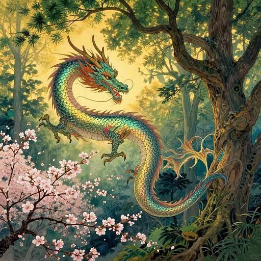 Vibrant digital illustration of a multicolored dragon with red and green scales, perched on a tree branch, surrounded by pink cherry blossoms