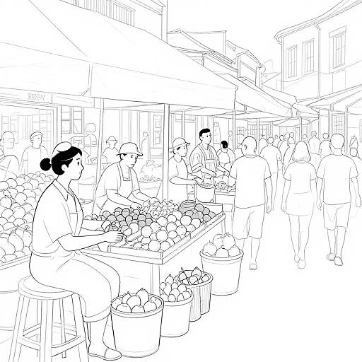 Line drawing of a bustling outdoor market with vendors selling fruits, customers browsing, and a crowd in the background.