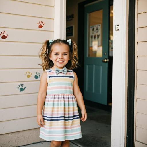 Smiling Toddler Girl in Pastel Striped Dress at Daycare Entrance