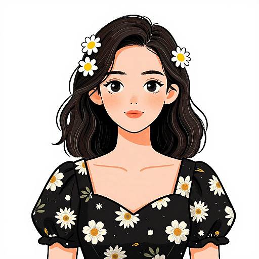 Digital illustration of a young woman with fair skin, black wavy hair, wearing a black floral dress with white daisies, and a daisy