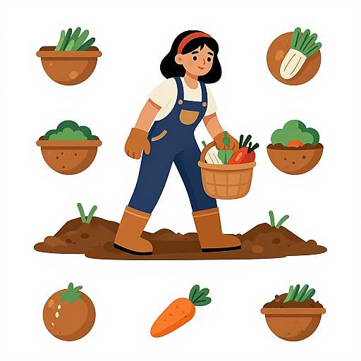 Cartoon illustration of a smiling woman in blue overalls, brown boots, and red headband, holding a basket of vegetables, standing on dirt with