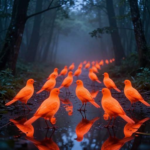 Photograph of glowing, neon-orange birds standing in a misty, dark forest pathway, their reflections shimmering on the wet ground.