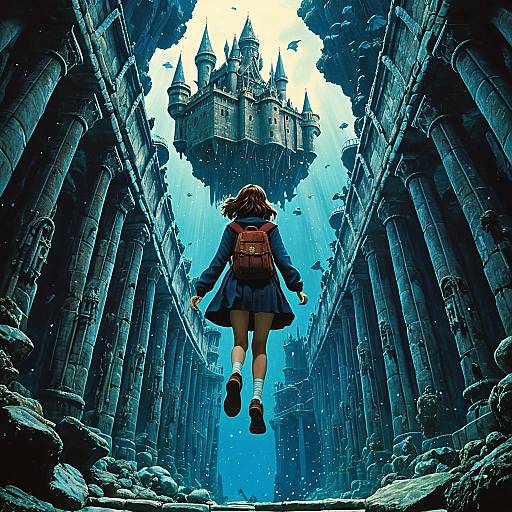 Girl Ascending to Floating Castle in Underwater Ruins