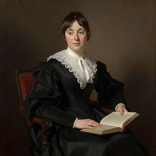 19th-century portrait of a pale-skinned woman with dark hair, wearing a black dress with white lace collar, holding an open book, seated against