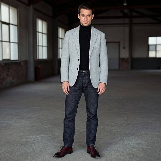Photograph of a handsome man with short brown hair, wearing a gray blazer, black turtleneck, dark jeans, and maroon shoes,