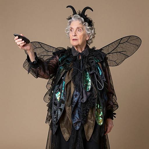 Photograph of an elderly white woman with curly gray hair, wearing a black moth costume with iridescent wings, black antennae, and holding a