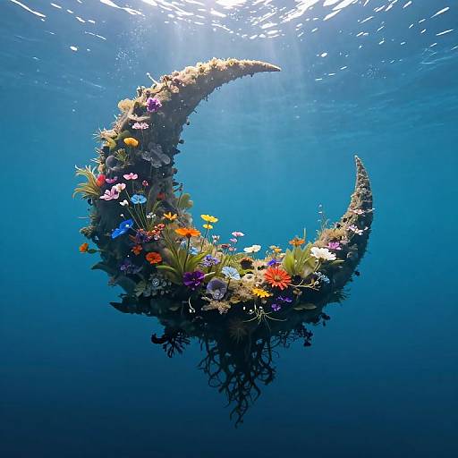 Photograph of a crescent-shaped floral arrangement underwater, adorned with colorful flowers, surrounded by seaweed, bathed in sunlight filtering through clear blue water