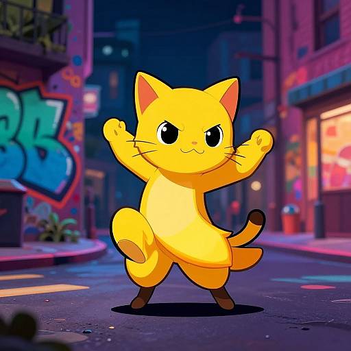 Digital art of a cute, yellow cartoon cat with large black eyes, standing in a vibrant, neon-lit urban street at night.