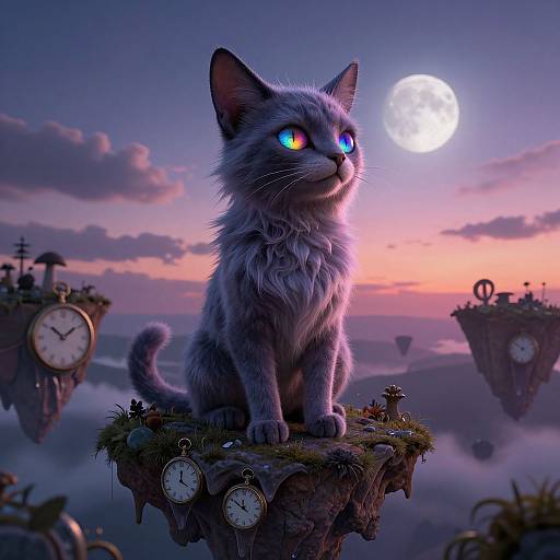 Digital art: glowing blue-eyed, fluffy grey cat sits on a clock-topped floating island at twilight, with full moon, floating clocks, and mist