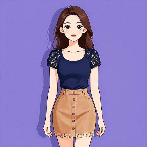 Stylish Woman in Navy Blue Blouse and Tan Skirt