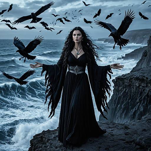 Enigmatic Sorceress with Ravens on Cliffside