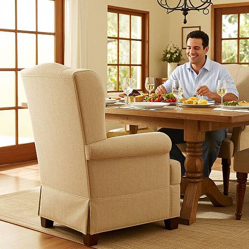 Photograph of a smiling man in a blue striped shirt eating at a wooden dining table with a beige armchair in a sunlit room.