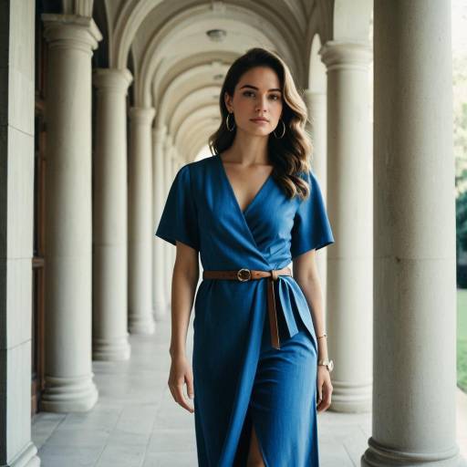 Elegant woman in blue wrap dress in architectural corridor