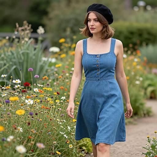 Photograph of a young woman with shoulder-length brown hair, wearing a blue denim dress and black beret, walking through a colorful, blooming garden