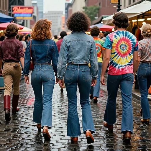 Photograph of three women in denim jackets and flared jeans walking on a wet, cobblestone street in a colorful, bustling urban market. One