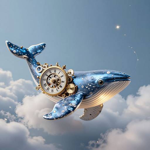 Digital artwork of a blue, glittery whale with a gold clock on its side, flying through a bright blue sky with white clouds.