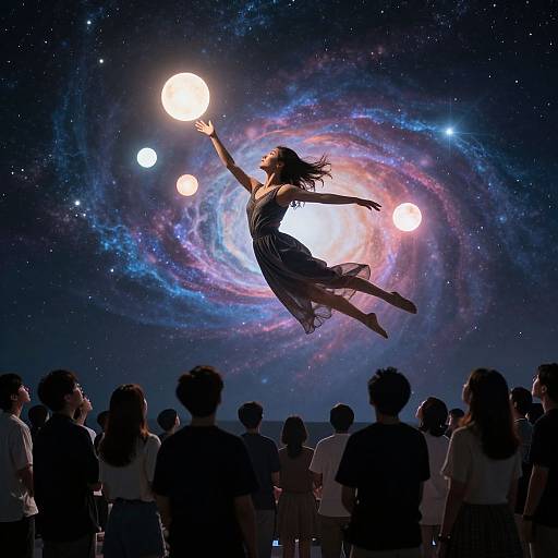 Photograph-style digital artwork of a girl in a flowing dress, jumping and catching glowing orbs against a vibrant, swirling galaxy backdrop, silhouetted