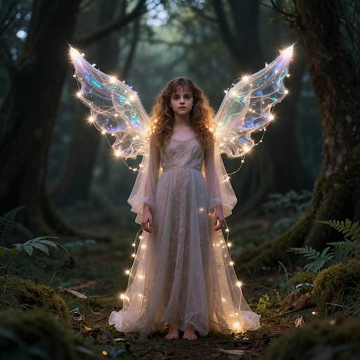 Photograph of a young woman with long curly brown hair, wearing a sheer, white, long-sleeve gown, standing in a dark forest with