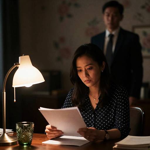 Focused Woman Reading in Dimly Lit Room