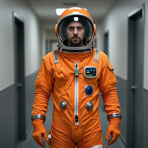 Photograph of a bearded man in an orange astronaut suit with a clear helmet, standing in a dimly lit hallway.