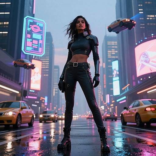 Cyberpunk photograph: Dark-haired woman in black leather crop top, pants, and gloves, standing confidently on wet city street with flying yellow taxis,