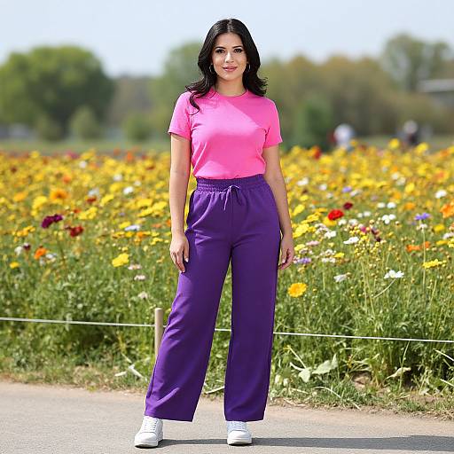 Photograph of a young woman with long black hair, wearing a pink shirt, purple pants, and white shoes, standing on a path in a vibrant