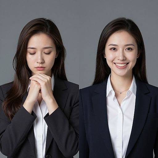 Photograph of an Asian woman with long black hair, wearing a black blazer and white shirt, shown twice: left, with closed eyes and hands