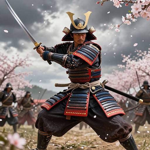 Photograph of a fierce samurai warrior in traditional armor with a sword drawn, standing amidst cherry blossoms and cloudy sky, surrounded by other samurai