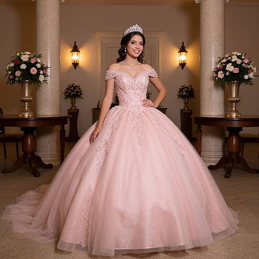 Photograph of a smiling brunette woman in an off-shoulder, pink lace and tulle ball gown with a tiara, standing in an elegant
