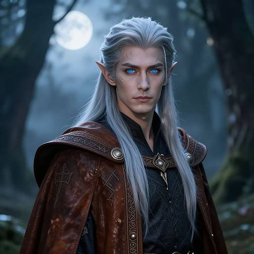 Digital artwork of a silver-haired, blue-eyed elf with pointed ears, wearing a detailed brown cloak, in a misty forest.