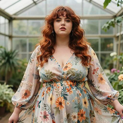 Plus-Size Model with Shaggy Fringe Hairstyle in Floral Dress