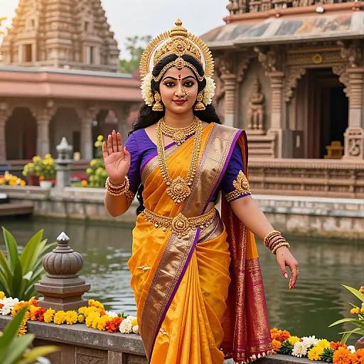 Colorful photograph of an Indian goddess dressed in an orange and gold sari with gold jewelry, waving beside a temple pond.