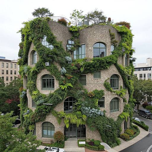 Photograph of a four-story, brick building completely covered in lush green ivy, featuring large arched windows, set in an urban environment.