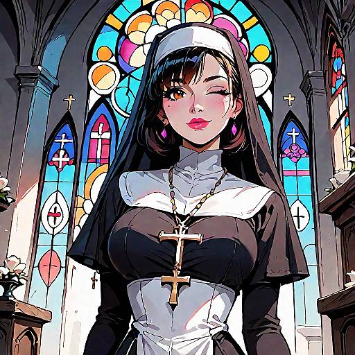 Winking Nun in Stained Glass Church