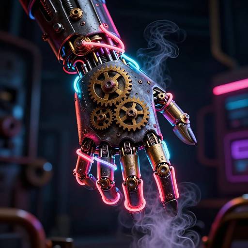 CGI image of a glowing, cybernetic hand with neon blue and pink lights, gears, and smoke, set against a dark, industrial background