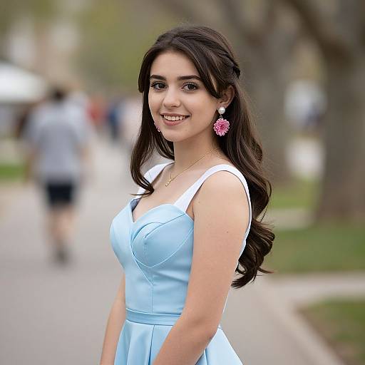 Photograph of a smiling young woman with long dark hair, wearing a light blue dress and pink earrings, standing on a blurred park pathway with trees and