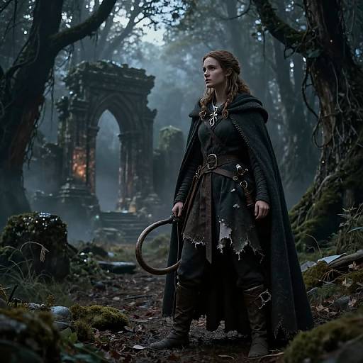 Photograph of a young woman with wavy brown hair, wearing a dark, medieval-style cloak and belt, holding a coiled whip, standing in