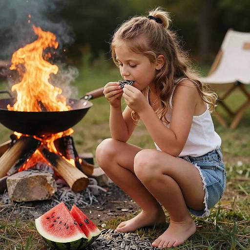 Photograph of a blonde girl in a white tank top and denim shorts, squatting by a campfire, eating watermelon slice while another slice lies