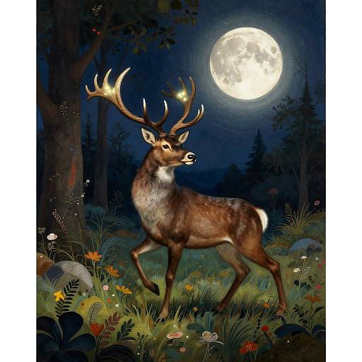 Whimsical Stag's Moonlit Journey