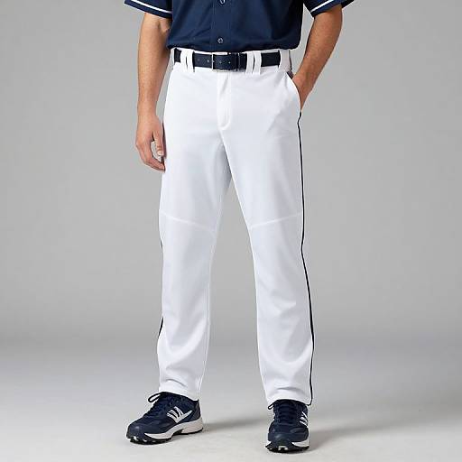 Photograph of a man from waist down in white baseball pants, black belt, black sneakers, and navy blue shirt with white trim.