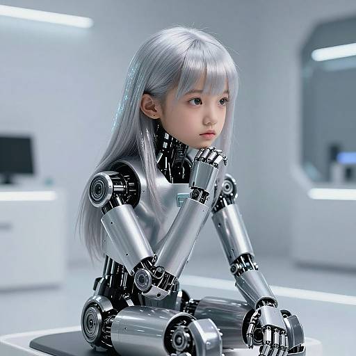 Photorealistic CGI of a young, silver-haired, robotic girl with metallic arms and legs, sitting thoughtfully in a futuristic, white-lit lab